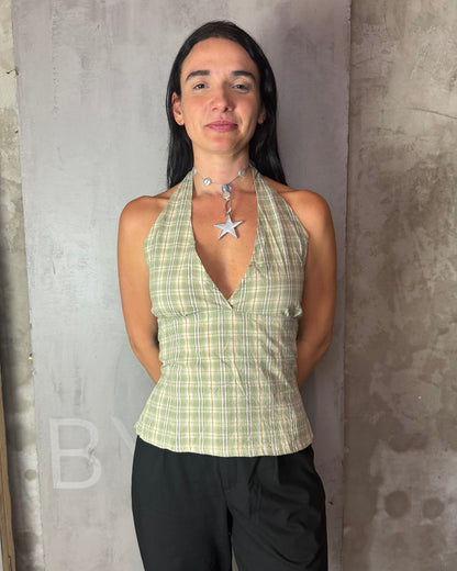 Reworked Shirt Halter Top – Open Back Tie