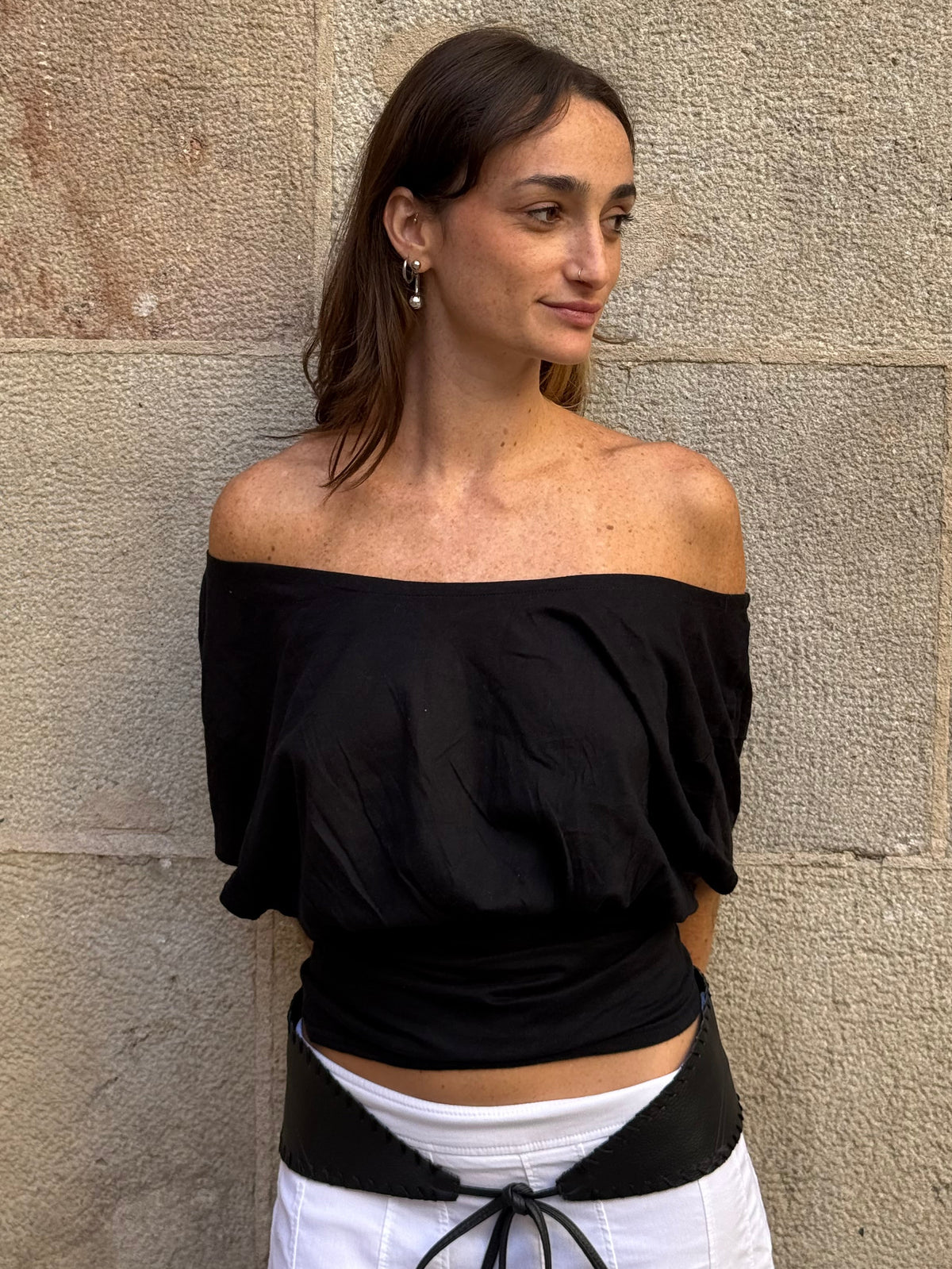 Vintage Rework Black Draped Off-Shoulder Top