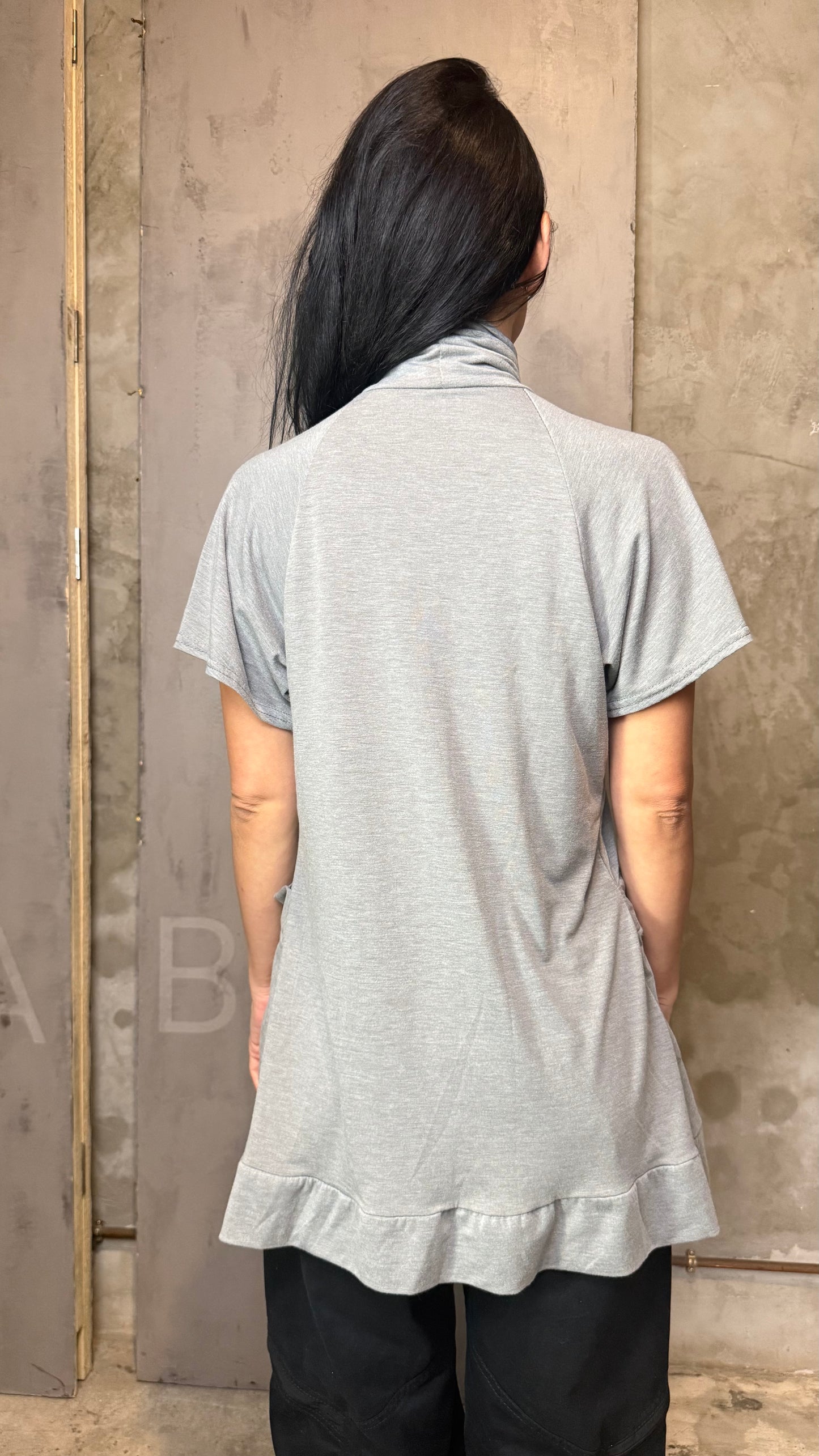 Grey High Neck Mini Dress Tunic Loose Fit Pockets