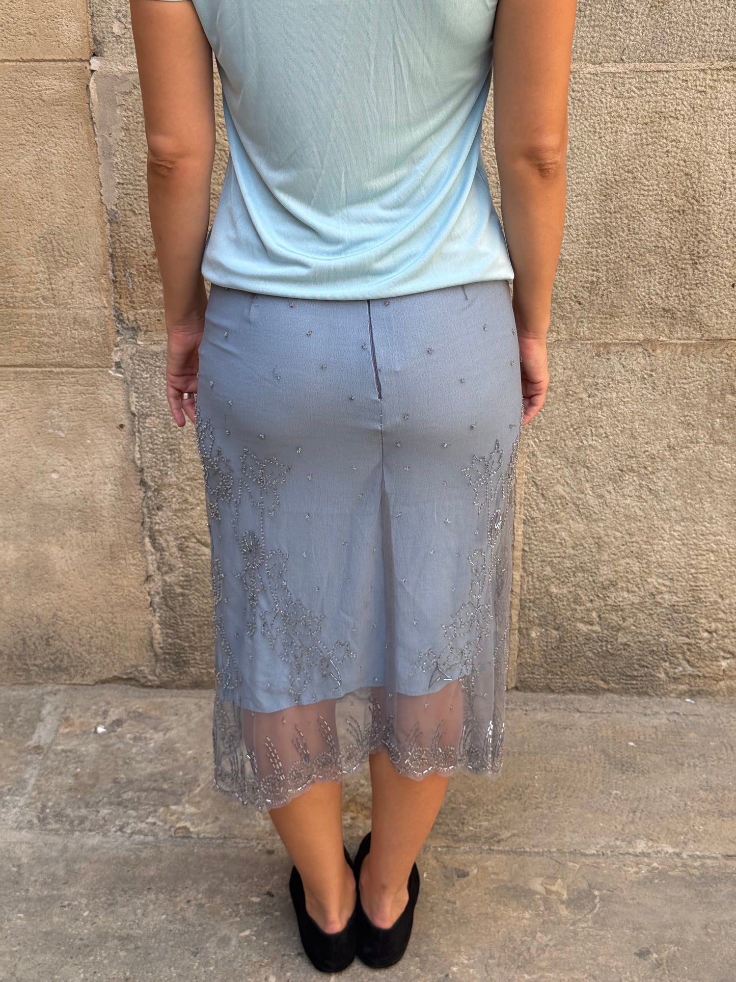 Blue Beaded Mesh Midi Skirt