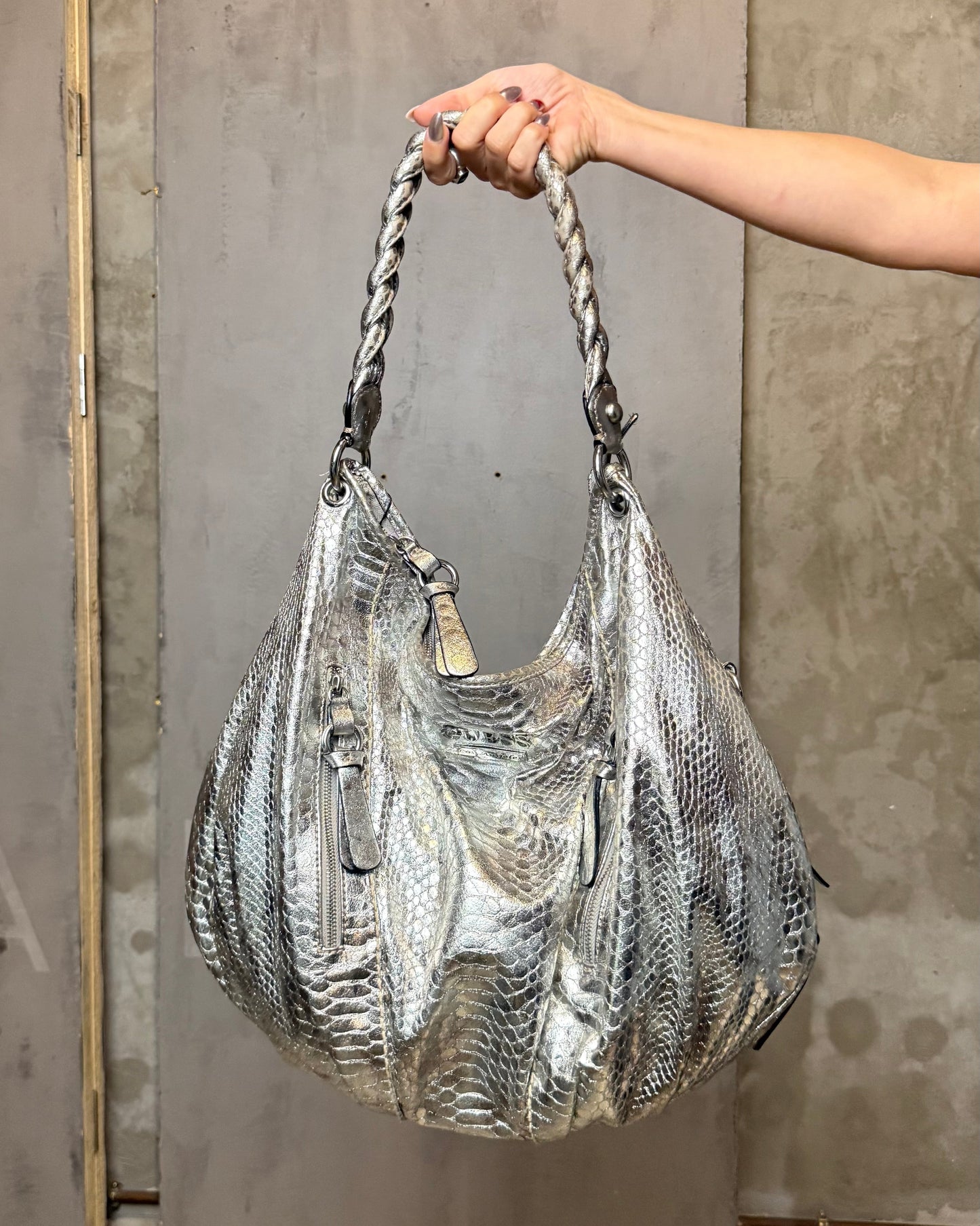 Guess Silver Python-Effect Maxi Hobo Bag