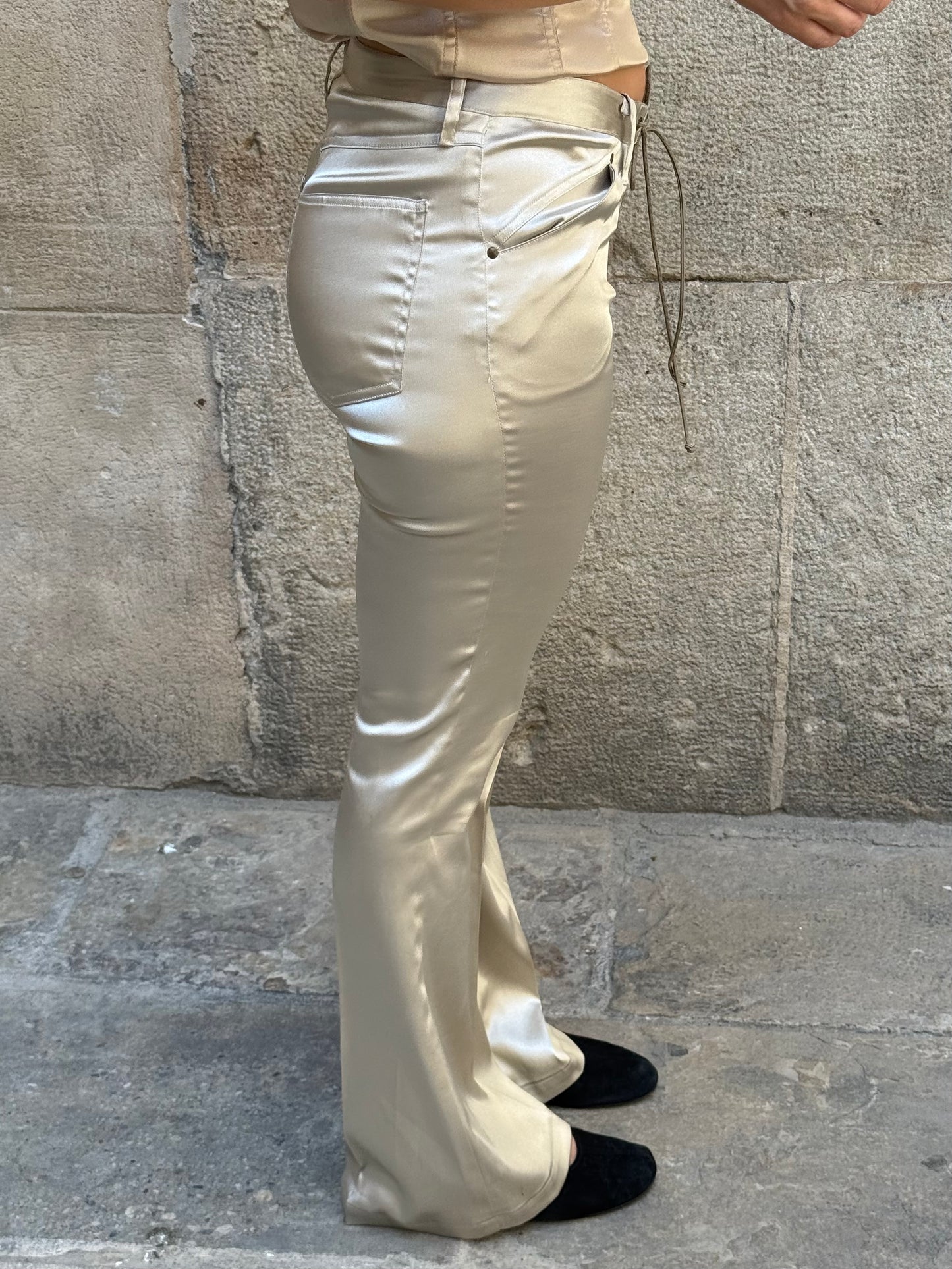 Y2K Champagne Lace-Up Satin Flared Pants