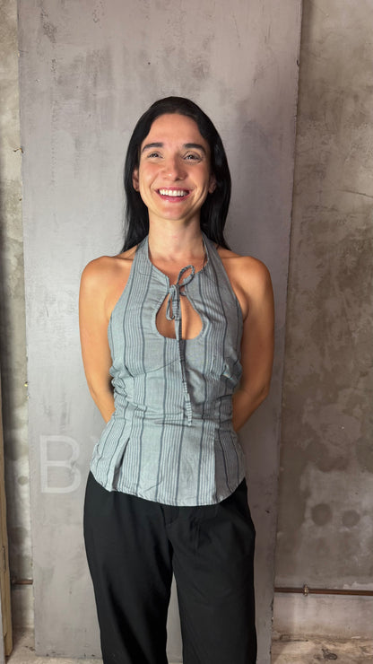 Reworked Shirt Halter Top – Soft Tie Front