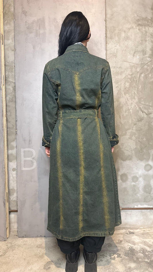 Vintage Wash Denim Trench Coat Belted Green Effect