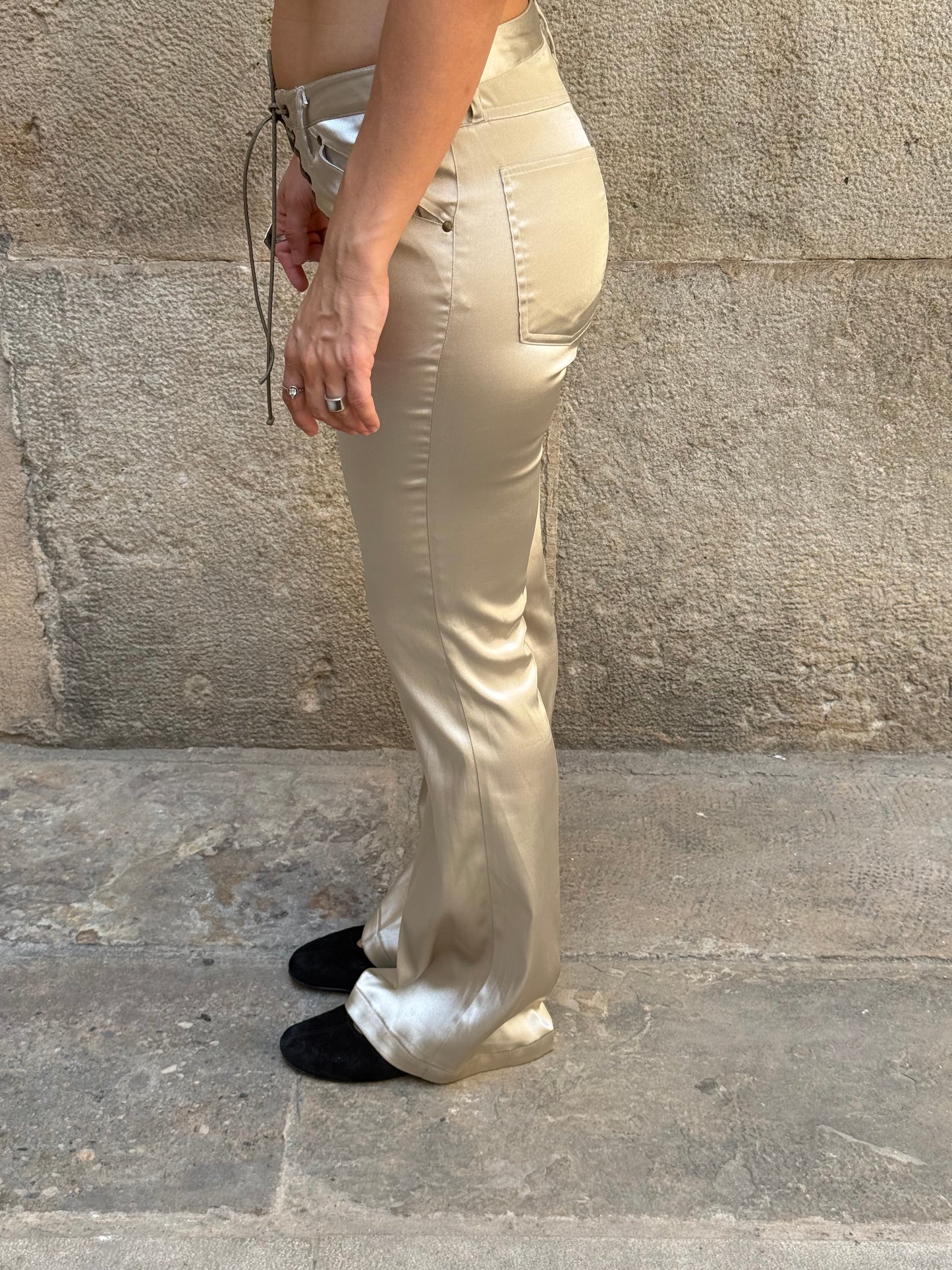 Y2K Champagne Lace-Up Satin Flared Pants
