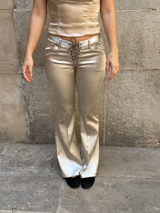 Y2K Champagne Lace-Up Satin Flared Pants