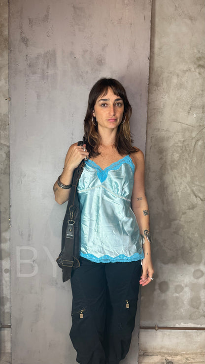 Blue Satin Lace Trim Camisole Slip Top Vintage