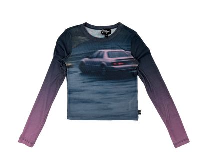 Vintage Car Print Gradient Long Sleeve Top