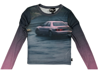Vintage Car Print Gradient Long Sleeve Top