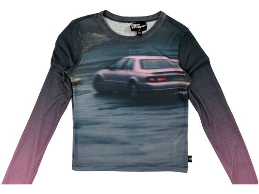 Vintage Car Print Gradient Long Sleeve Top