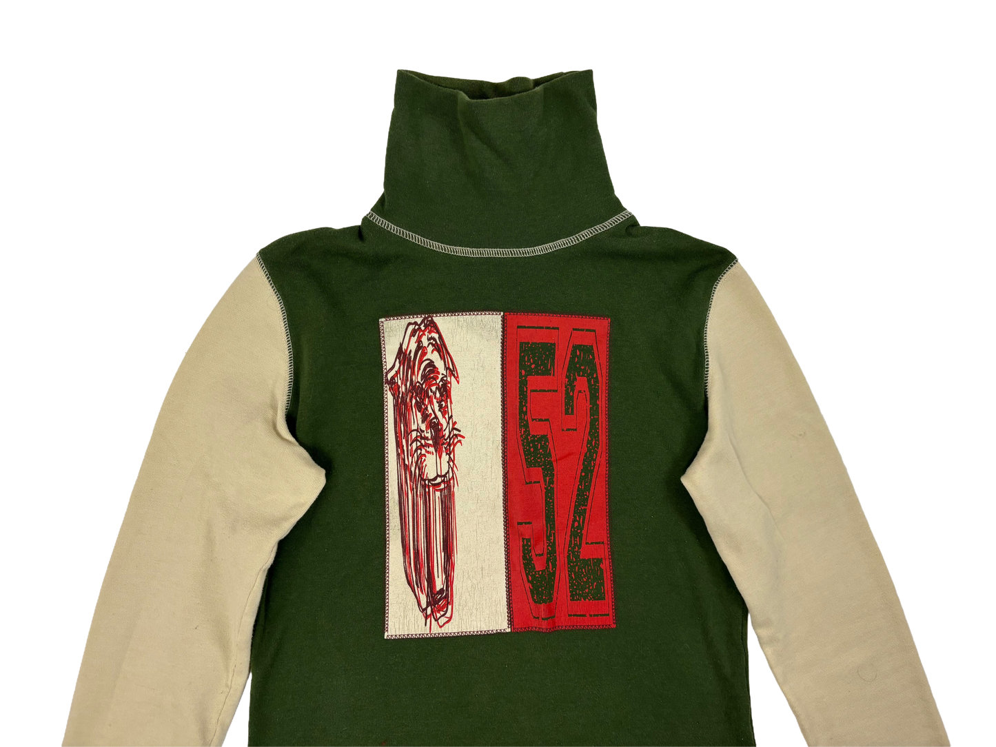 Green & Beige High Neck Graphic Sweater
