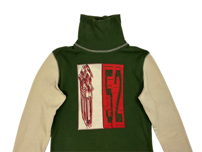 Green & Beige High Neck Graphic Sweater