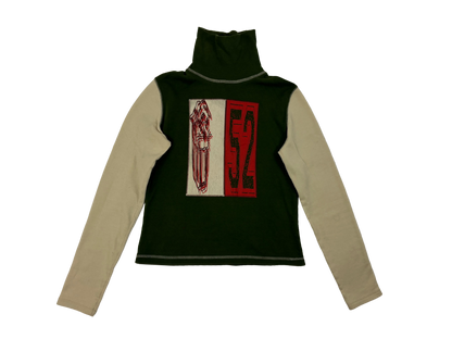Green & Beige High Neck Graphic Sweater