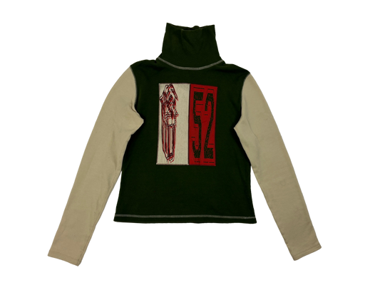 Green & Beige High Neck Graphic Sweater