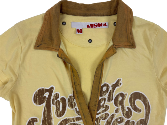 Miss Sixty Yellow Graphic V-Neck Retro Top