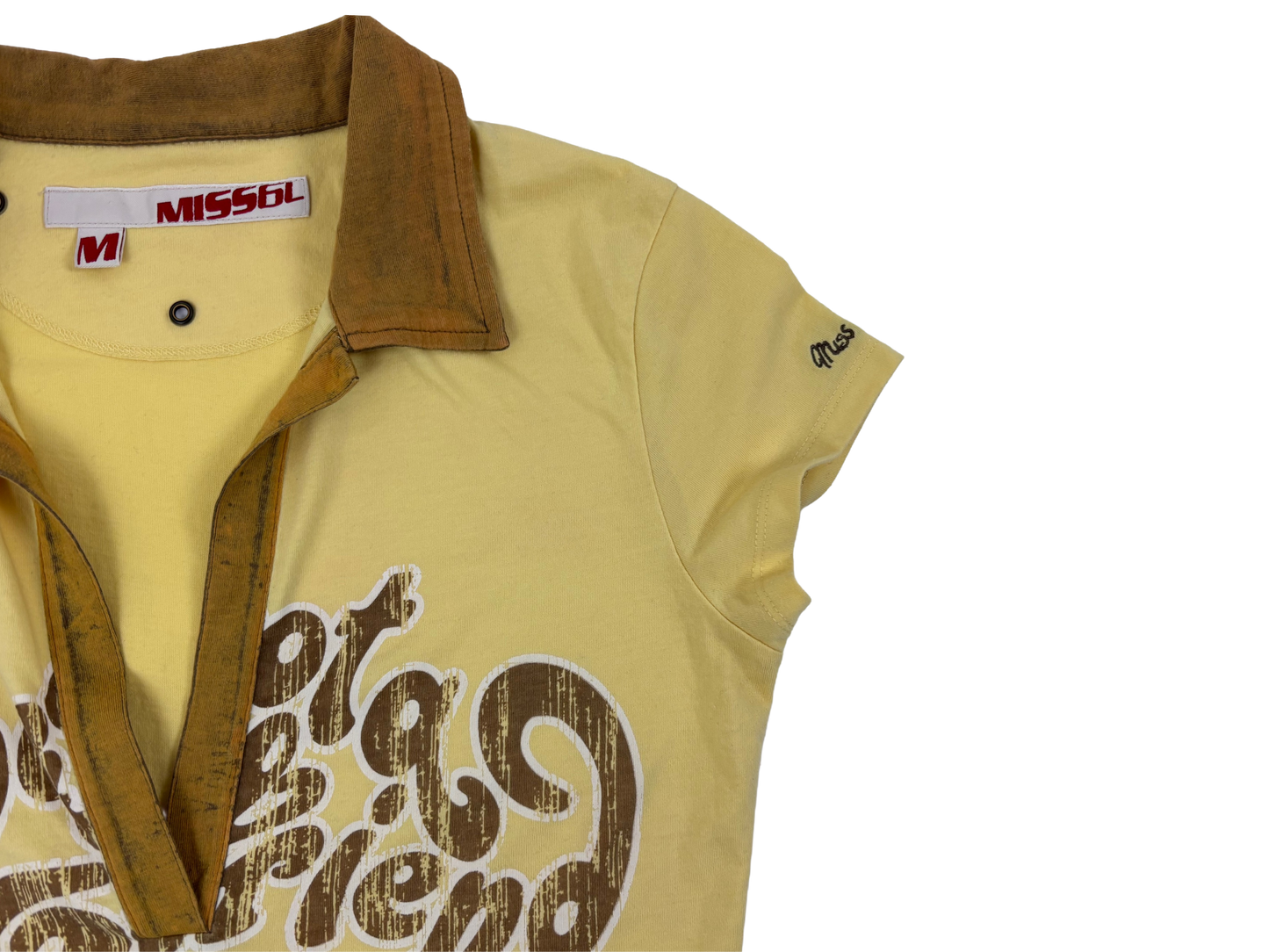Miss Sixty Yellow Graphic V-Neck Retro Top