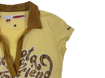 Miss Sixty Yellow Graphic V-Neck Retro Top