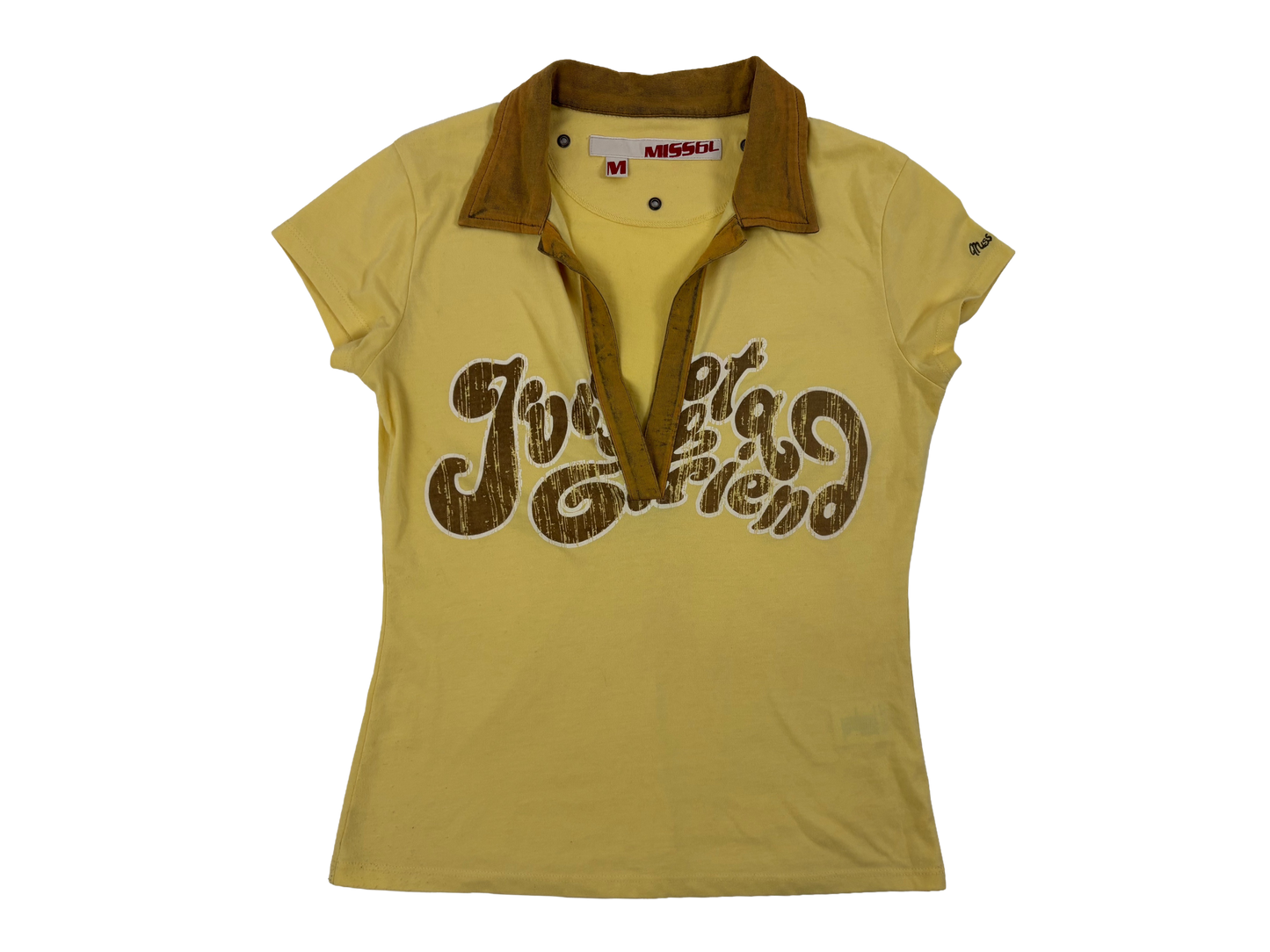 Miss Sixty Yellow Graphic V-Neck Retro Top