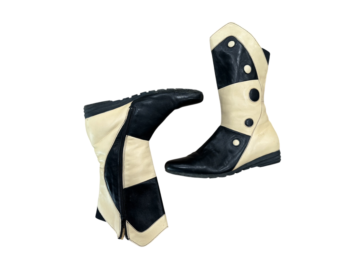 Bicolor Leather Knee Boots in Cream & Black with Graphic Detail