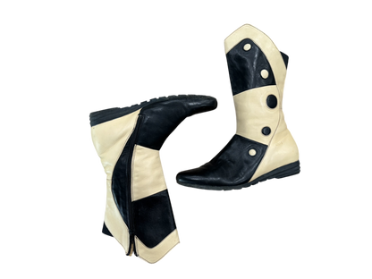 Bicolor Leather Knee Boots in Cream & Black with Graphic Detail