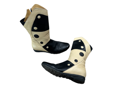 Bicolor Leather Knee Boots in Cream & Black with Graphic Detail
