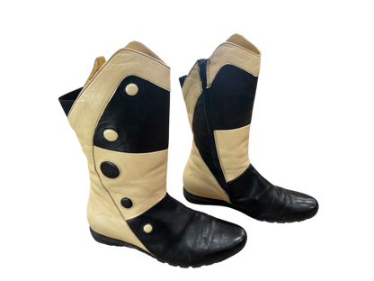 Bicolor Leather Knee Boots in Cream & Black with Graphic Detail