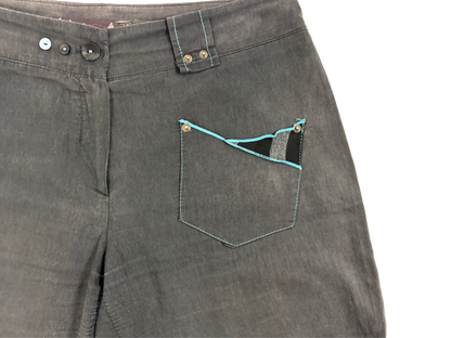 Vintage Black Tech-Style Midi Pants with Blue Stitching