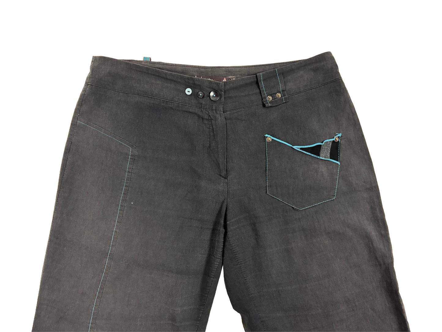Vintage Black Tech-Style Midi Pants with Blue Stitching