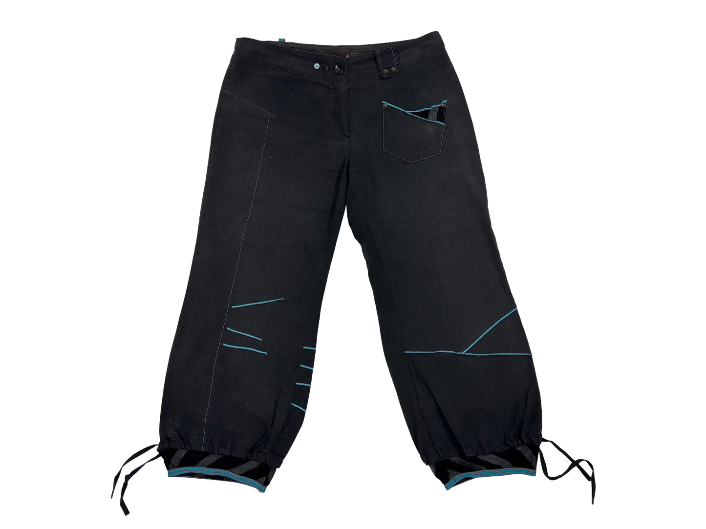 Vintage Black Tech-Style Midi Pants with Blue Stitching