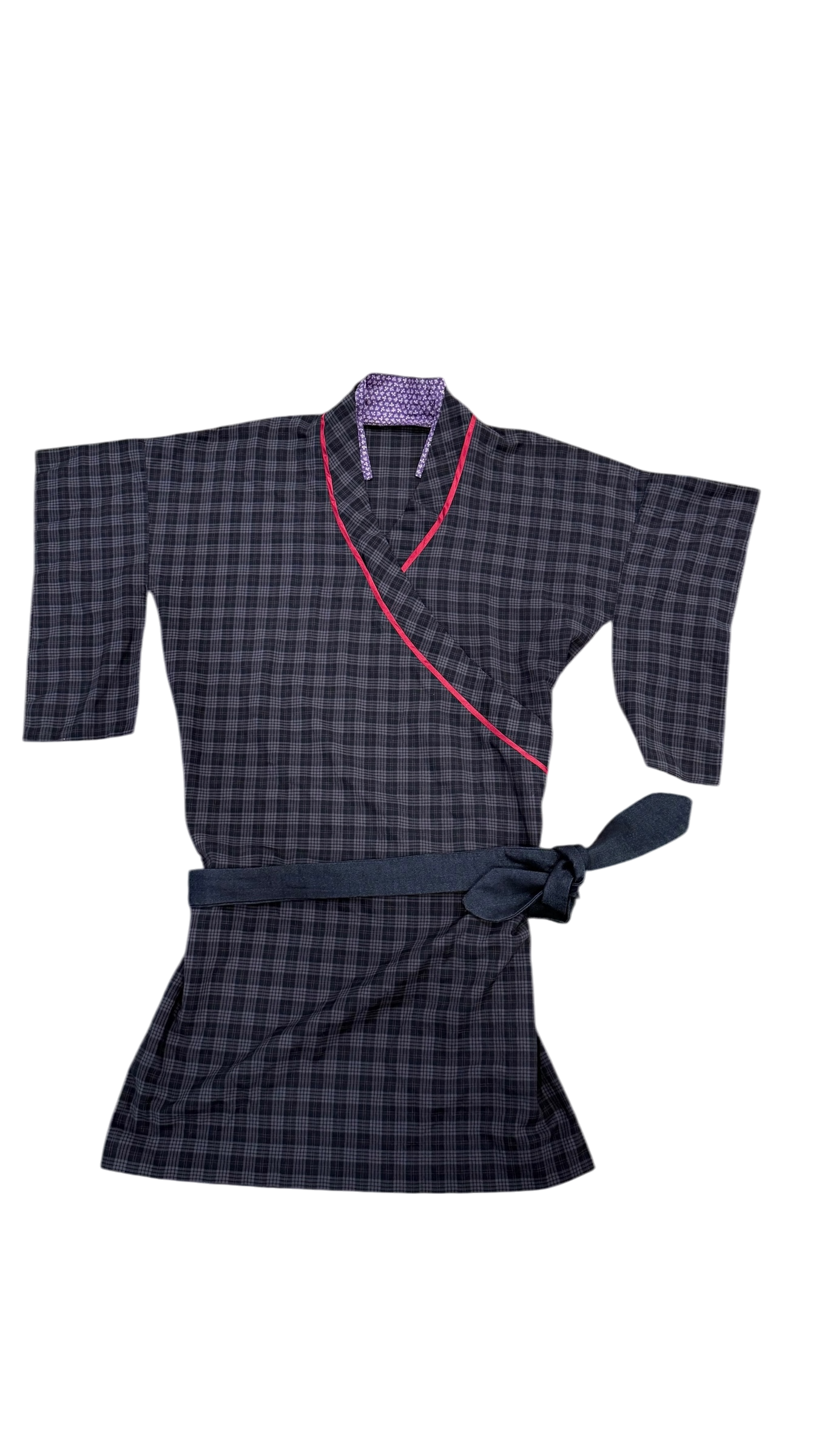 Plaid Asymmetric Kimono Mini Dress – Belted Japanese Style