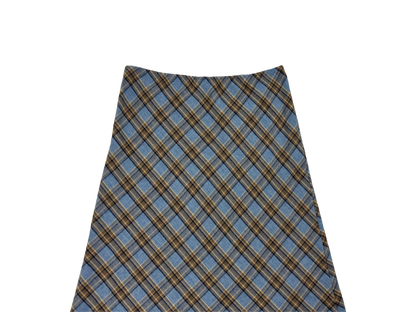 Blue & Green Plaid A-Line Midi Skirt – Soft Felt Texture