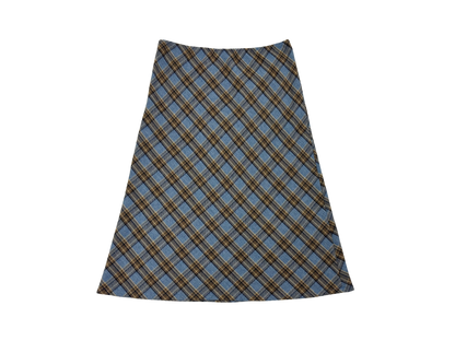Blue & Green Plaid A-Line Midi Skirt – Soft Felt Texture