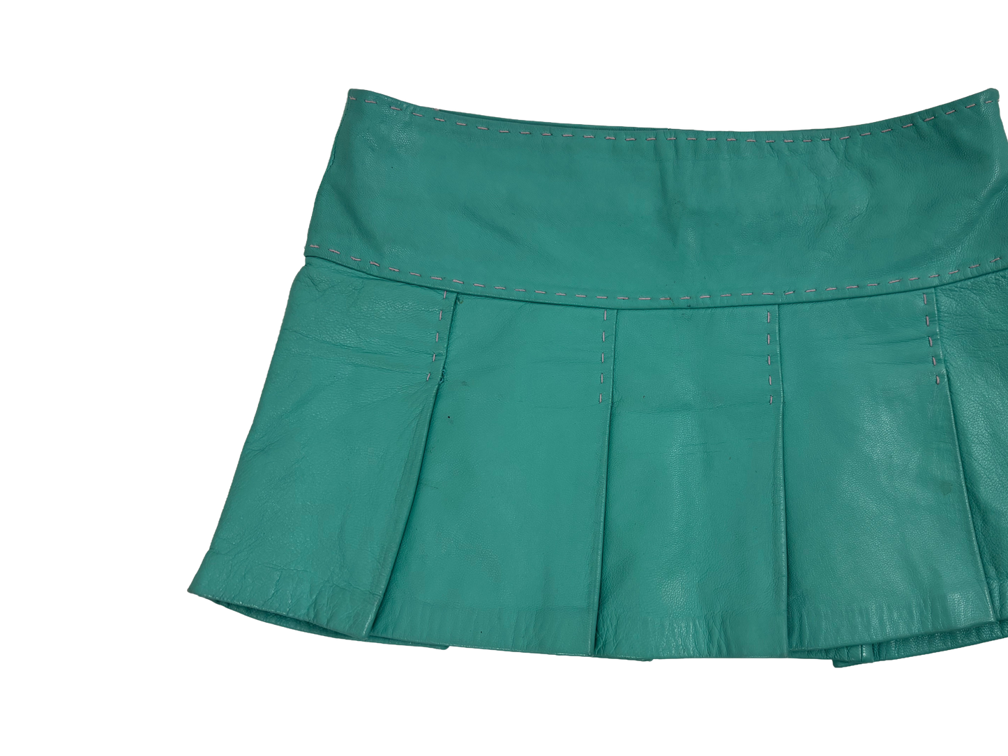 Turquoise Leather Pleated Mini Skirt