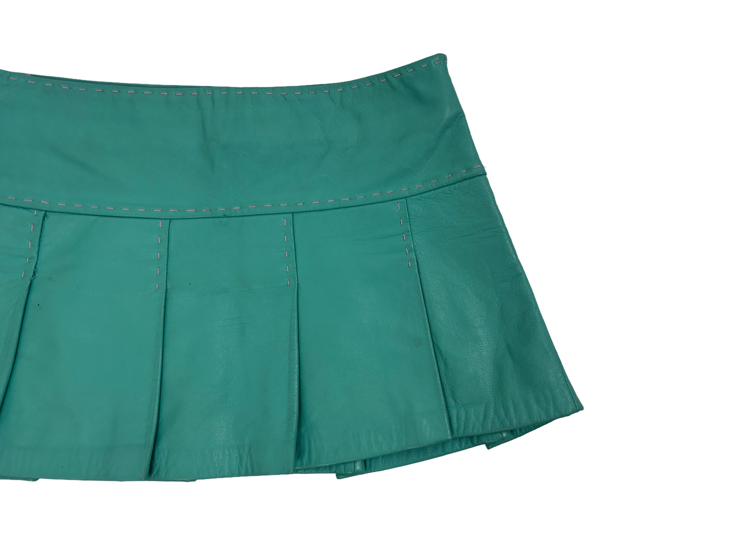Turquoise Leather Pleated Mini Skirt