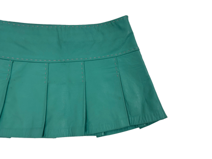 Turquoise Leather Pleated Mini Skirt