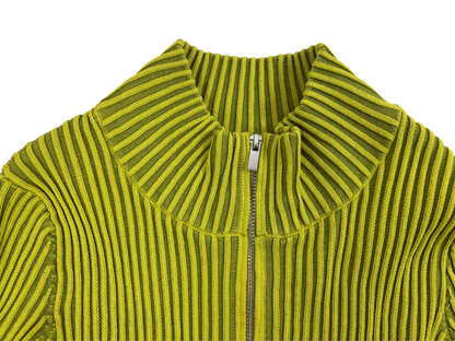 Lime Green Ribbed Zip-Up Knit Sweater