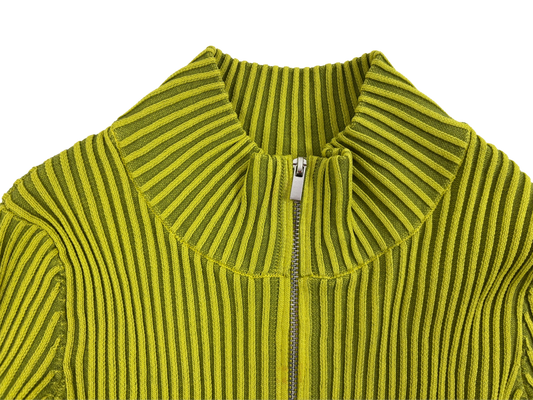 Lime Green Ribbed Zip-Up Knit Sweater