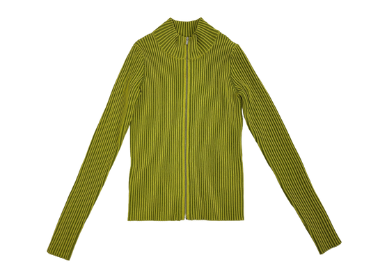 Lime Green Ribbed Zip-Up Knit Sweater
